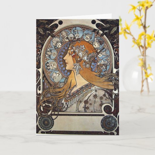 Zodiac Woman by Alphonse Mucha - Jugendstil Karte (Gelbe Blume)