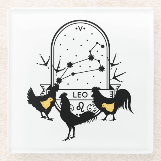 Zodiac-Zeichen und Matching-Haustiere. Leo - Huhn. Glasuntersetzer (Vorderseite)