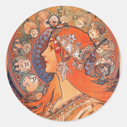Zodiak Woman von Mucha Runder Aufkleber (Vorderseite)