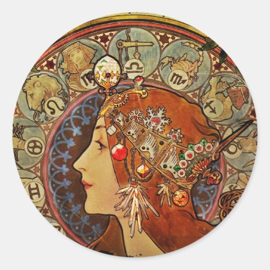Zodiak Woman von Mucha Runder Aufkleber (Vorderseite)