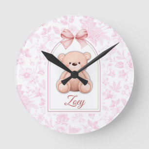 Zoey Benutzerdefiniertes rosa Teddy-Bär-Kinderzi Runde Wanduhr