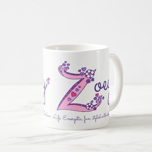 Zoey dekorative Z Monogramm-Tasse Namensbedeutung Kaffeetasse (VorderseiteRechts)