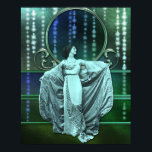 Zohara: Art Deco Woman in Aqua & Green Poster<br><div class="desc">Zohara in opera gown and coat. Her coat is silk-lined brocade,  her dress is silk,  lavishly embroidered with metallic threads. She stands against a backdrop of colorful glowing silk with strands of sparkling stars and rainbow glass in a metallic frame.</div>