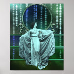 Zohara: Art Deco Woman in Aqua & Green Poster<br><div class="desc">Zohara in opera gown and coat. Her coat is silk-lined brocade,  her dress is silk,  lavishly embroidered with metallic threads. She stands against a backdrop of colorful glowing silk with strands of sparkling stars and rainbow glass in a metallic frame.</div>