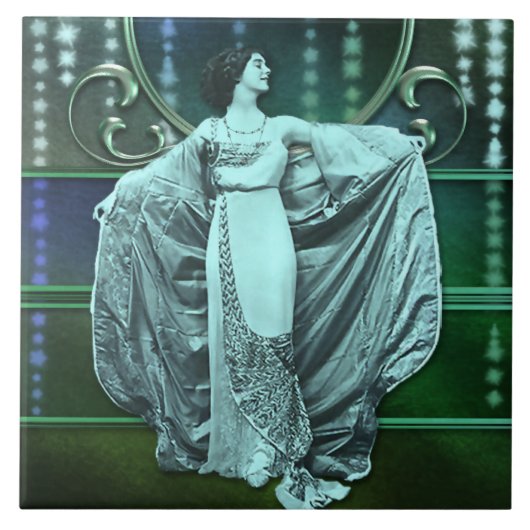 Zohara: Kunst-Deko-Frau im Aqua u. im Grün Fliese (Vorderseite)