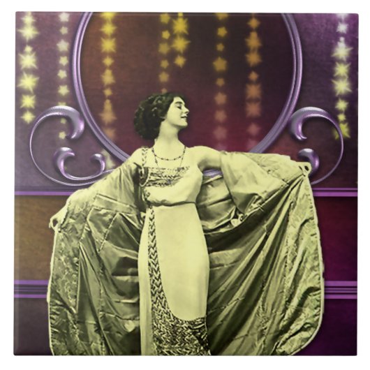 ZOHARA: Kunst-Deko-Frau im Gelb und in der Pflaume Fliese (Vorderseite)