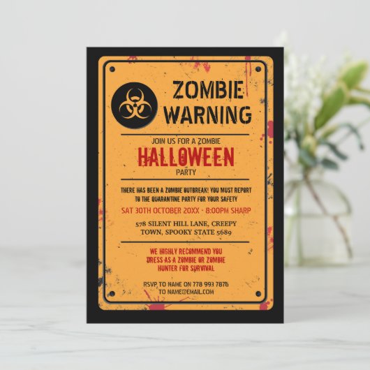 Zombie-Ausbruch laden zu Halloween-Warn-Spaß ein Einladung (Stehend Vorderseite)