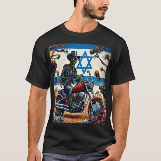 Zombie Biker in Apocalyptic Israeli Scene T-Shirt (Vorderseite)