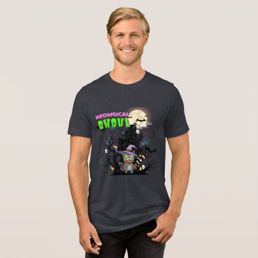 Zombie Cat "Meowgical Ghoul" Halloween Graphic Tri-Blend Shirt (Vorderseite voll)