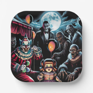 Zombie, Clown, Vamp und Halloween-Puppe Pappteller