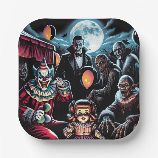Zombie, Clown, Vamp und Spuk PuppenHalloween Pappteller (Vorderseite)
