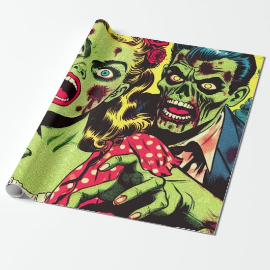 Zombie Couple Retro Comic Geschenkpapier (Ungerollt)