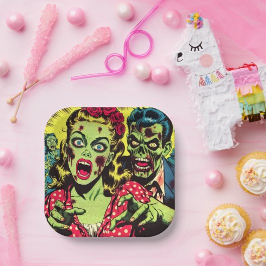 Zombie Couple Retro Comic Pappteller (Party)