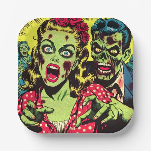 Zombie Couple Retro Comic Pappteller (Vorderseite)