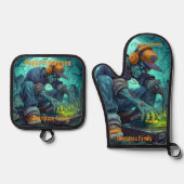 Zombie DJ Rave Halloween-Party Vibes Ofenhandschuh & Topflappen-Set (Vorderseite)