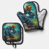Zombie DJ Rave Halloween-Party Vibes Ofenhandschuh & Topflappen-Set (Vorderseite/Rückseite)