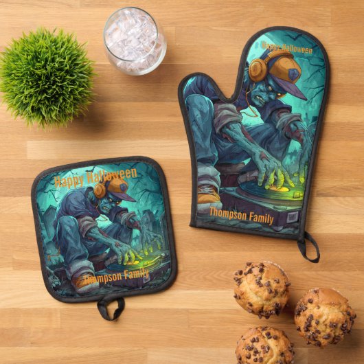 Zombie DJ Rave Halloween-Party Vibes Ofenhandschuh & Topflappen-Set (Oben Unten)