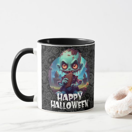 Zombie Eating Chocolate Happy Halloween Tasse (Mit Donut)