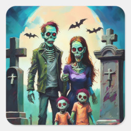 Zombie Family Portrait in Graveyard Quadratischer Aufkleber