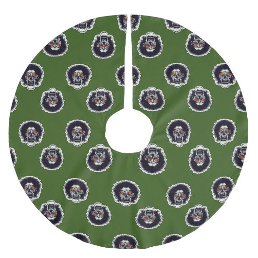 Zombie-Gesicht auf Grün Polyester Weihnachtsbaumdecke (Vorderseite)