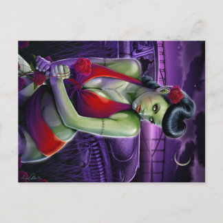 Zombie Girl Liebe mit Rose und Vintage Auto Postkarte