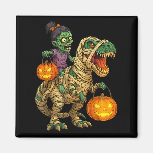 Zombie Girl Riding Mummy T Rex Halloween Kids Tric Magnet (Vorne)