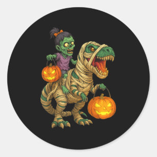 Zombie Girl Riding Mummy T Rex Halloween Kids Tric Runder Aufkleber