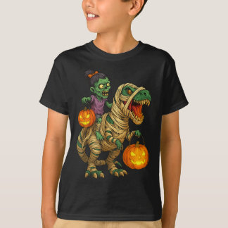 Zombie Girl Riding Mummy T Rex Halloween Kids Tric T-Shirt
