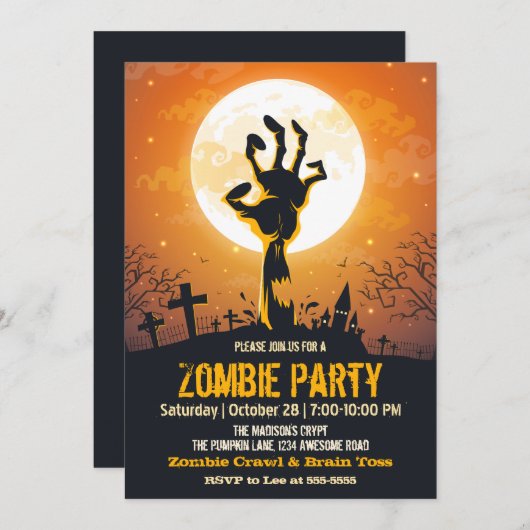Zombie Graveyard Orange Halloween Einladung (Vorne/Hinten)