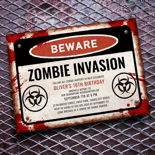 Zombie Invasion Party mit rostigem Gefahrenzeichen Einladung
