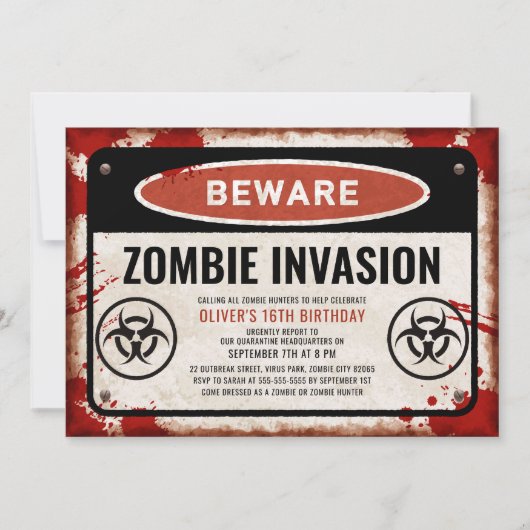 Zombie Invasion Party mit rostigem Gefahrenzeichen Einladung (Vorderseite)