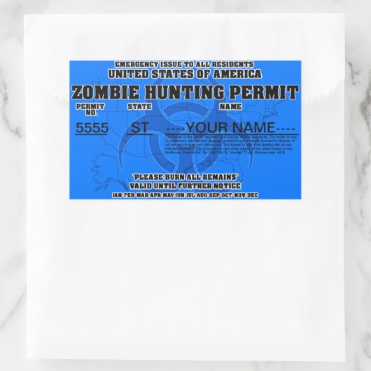 Zombie-Jagd-Erlaubnis (blau) Rechteckiger Aufkleber (Tasche)