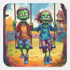 Zombie Kids on Swings in Autumn Playground Quadratischer Aufkleber