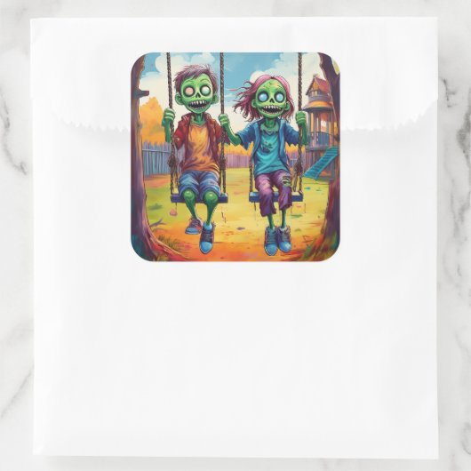 Zombie Kids on Swings in Autumn Playground Quadratischer Aufkleber (Tasche)