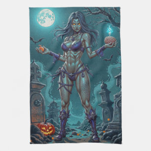 Zombie-Mädchen bietet Halloween-Leckereien oder Ge Geschirrtuch