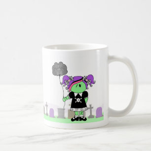 Zombie-Mädchen mit Gehirn-Ballon in der Kaffeetasse