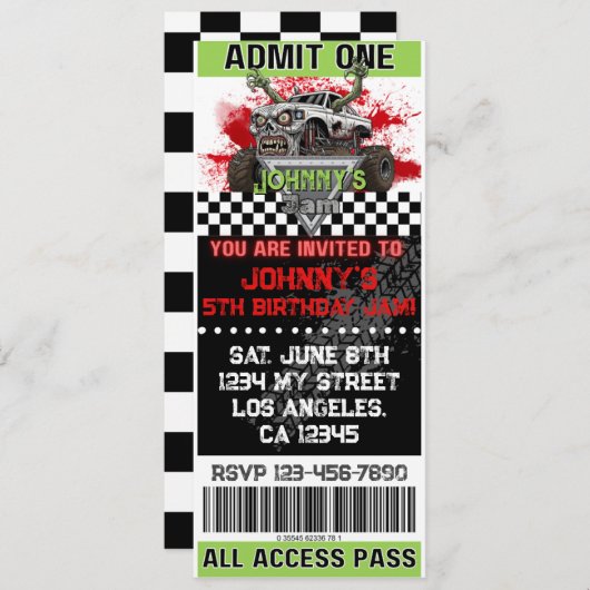 Zombie Monster Truck Ticket Einladung zum Geburtst (Vorne/Hinten)