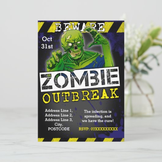 Zombie Outbreak Halloween-Party Einladung Custom (Stehend Vorderseite)