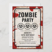 Zombie-Party mit Biogefährdung-Icons und Blutfleck Einladung (Vorderseite)