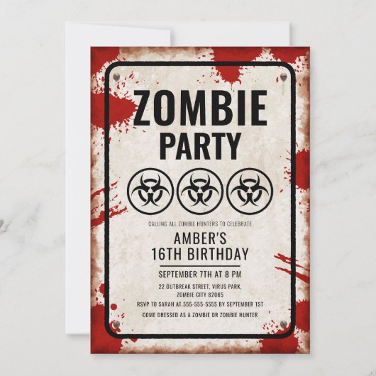 Zombie-Party mit Biogefährdung-Icons und Blutfleck Einladung (Vorderseite)