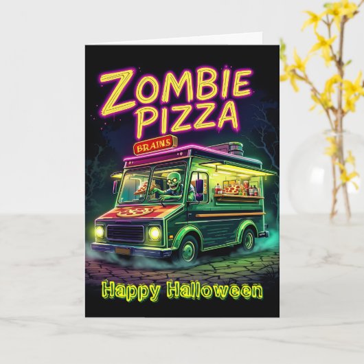 Zombie Pizza in Ihrer Nachbarschaft zu Halloween! Karte (Gelbe Blume)