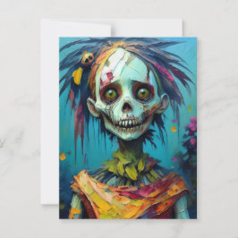 Zombie-Puppe mit gelben Augen und tatterischem Kle Postkarte