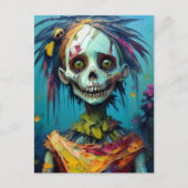 Zombie-Puppe mit gelben Augen und tatterischem Kle Postkarte (Vorderseite)