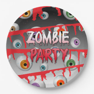Zombie schaut Apokalypse-Halloween-Party an Pappteller