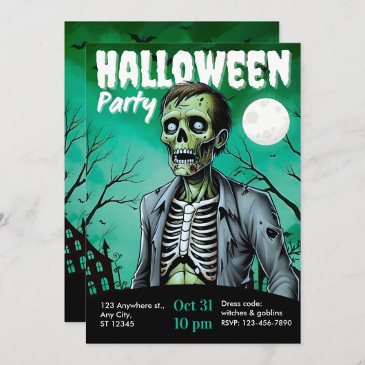 Zombie Skeleton Halloween Party Invite Adults Einladung (Vorne/Hinten)