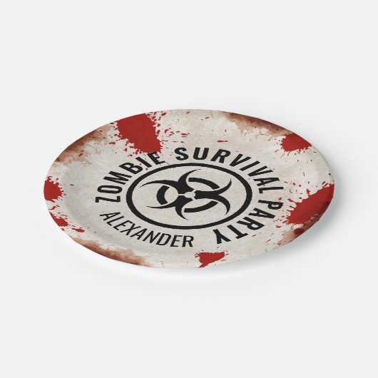 Zombie-Überlebungs-Party mit rostigem Zeichen und Pappteller (Schrägansicht)