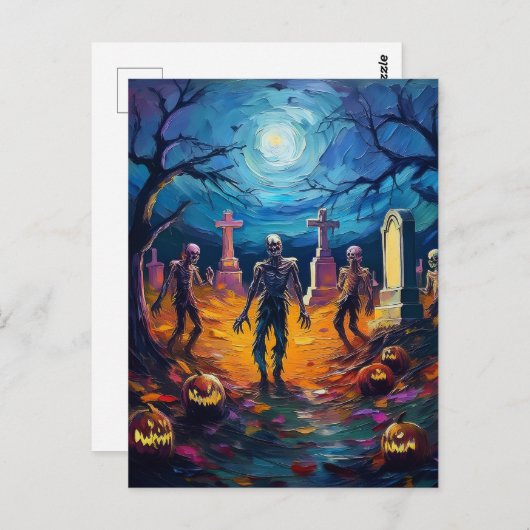 Zombies auf dem Friedhof von Monlit mit Pumpkins Postkarte (Vorne/Hinten)