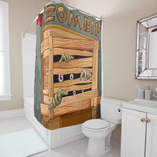 Zombies hinter der Holztür Duschvorhang (Beispiel)