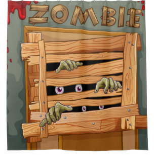 Zombies hinter der Holztür Duschvorhang