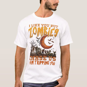 Zombies jagen uns Halloween-Friedhof-Halbmond T-Shirt